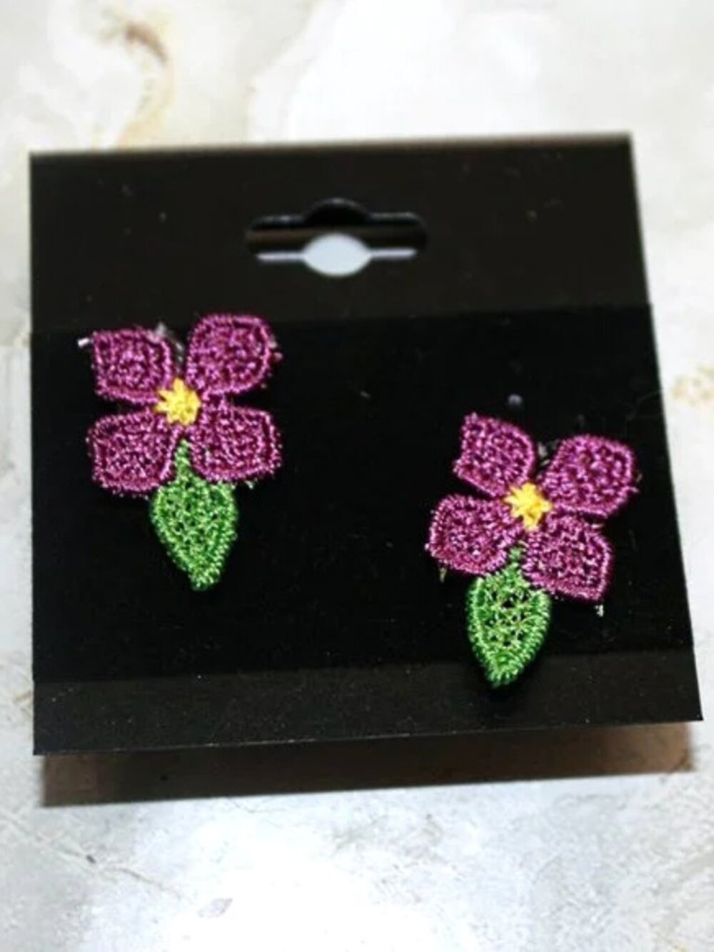 HAND CRAFTED Earrings Violet Floral Embroidered Spring Easter Pierced Purple Set